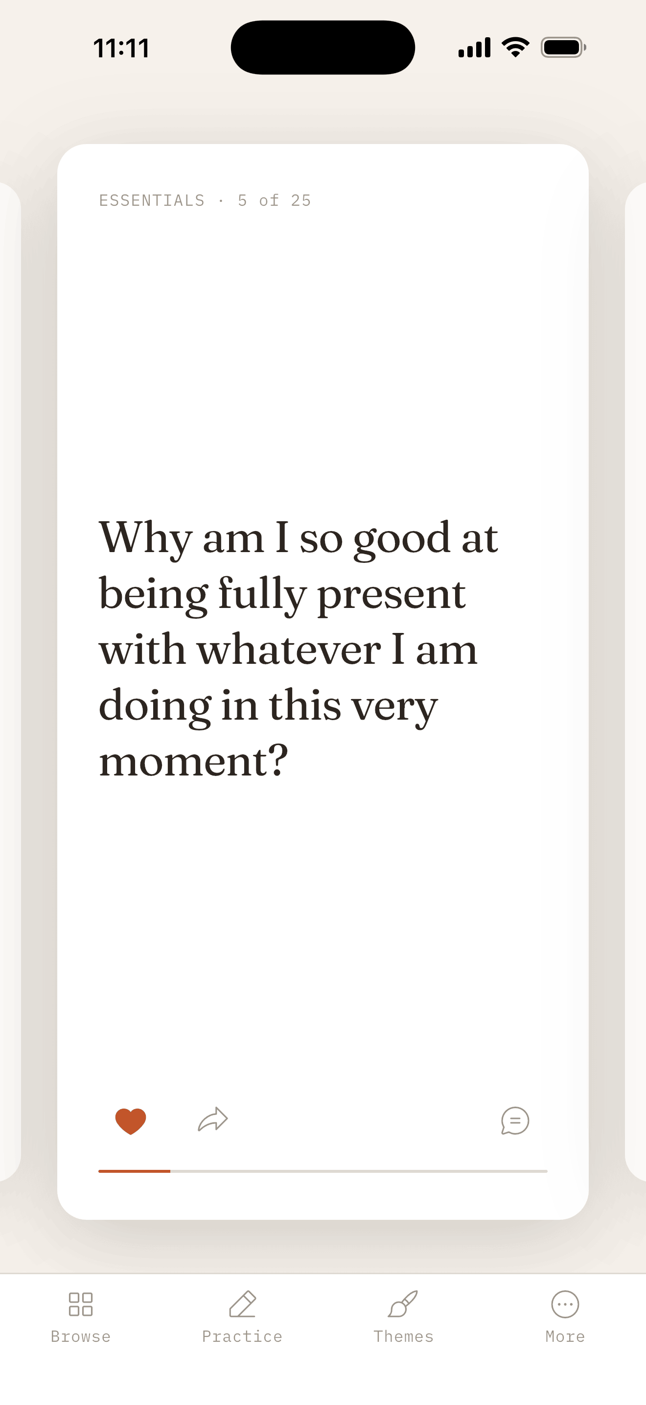 Home screen — swipeable question cards