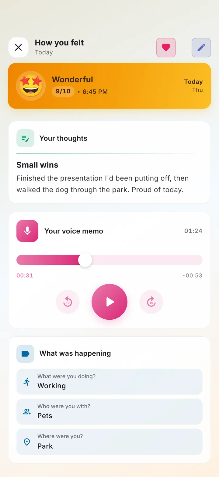 A mood entry with a written note, a voice memo, and what was happening
