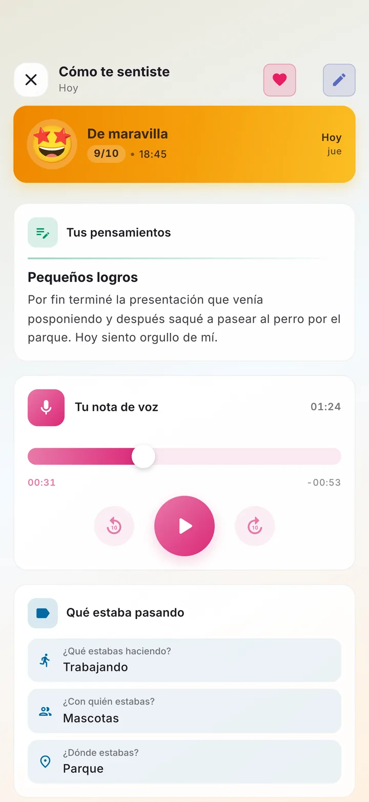 Un registro de ánimo con una nota escrita, una nota de voz y lo que estaba pasando