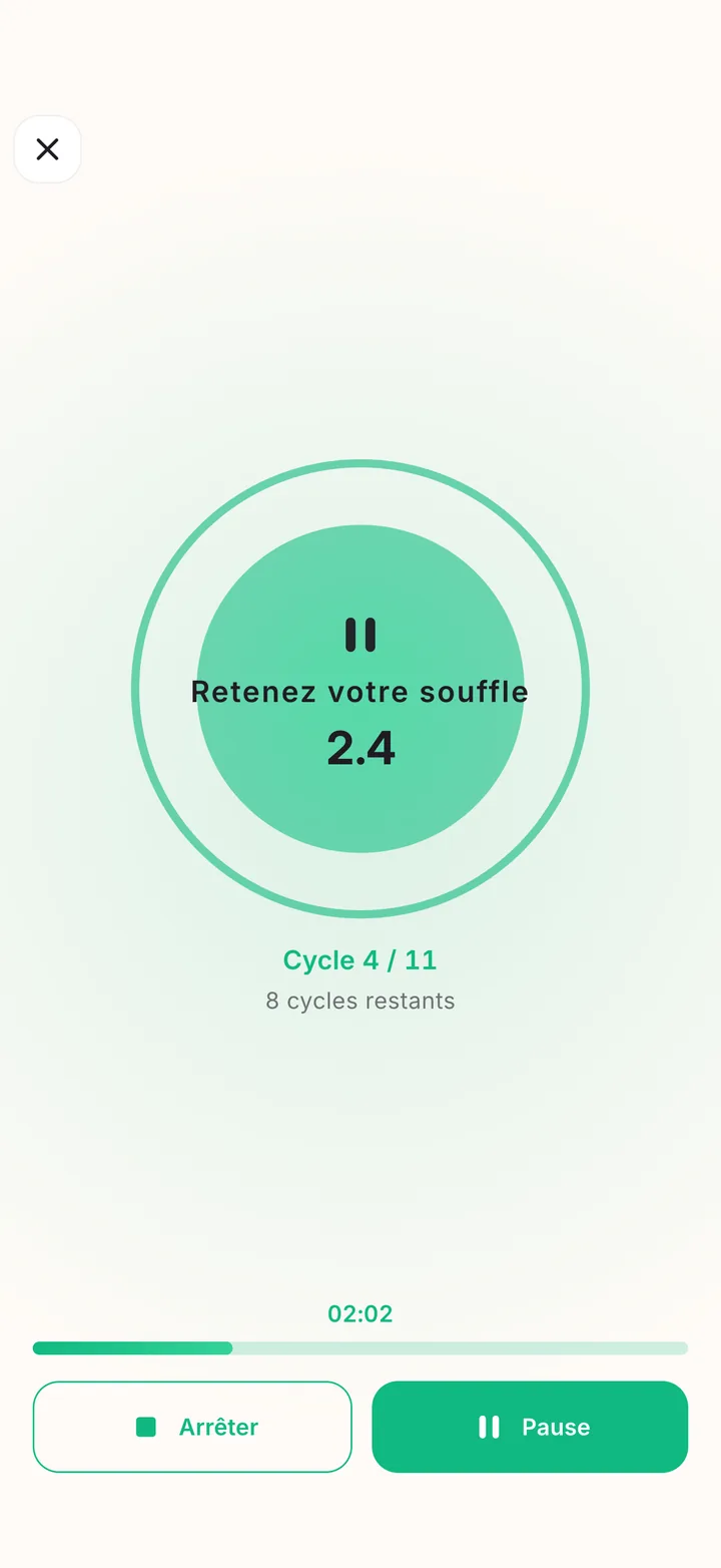 Écran de respiration guidée avec un cercle qui s’agrandit lentement