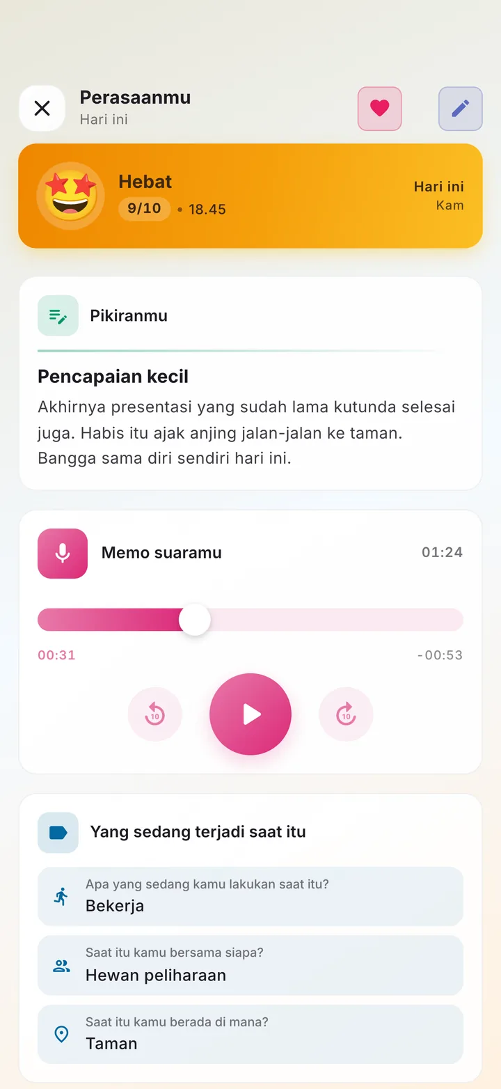 Pencatatan suasana hati dengan catatan tertulis, memo suara, dan apa yang sedang terjadi