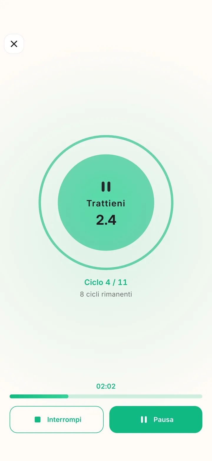 Schermata di respirazione guidata con un cerchio che si espande lentamente