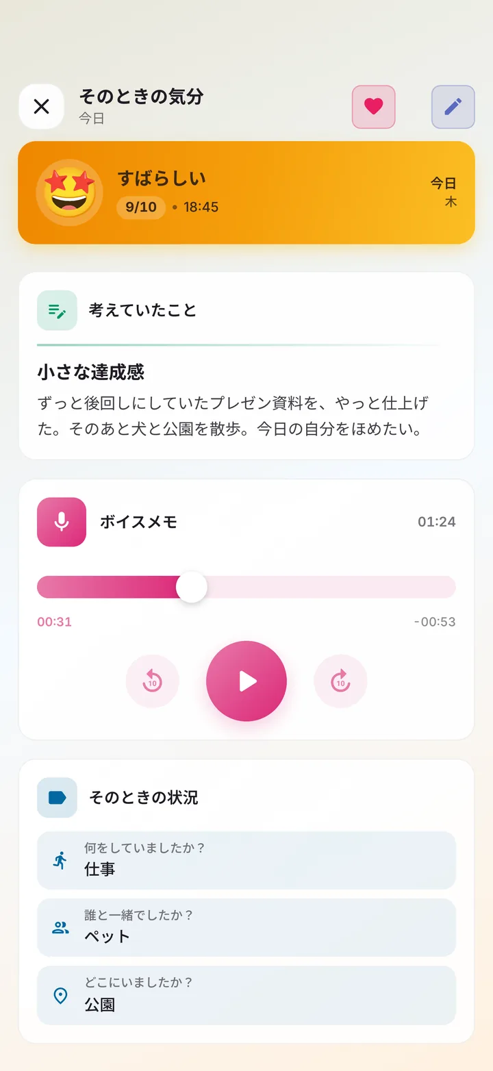 メモ、ボイスメモ、そのときの出来事が添えられた気分の記録