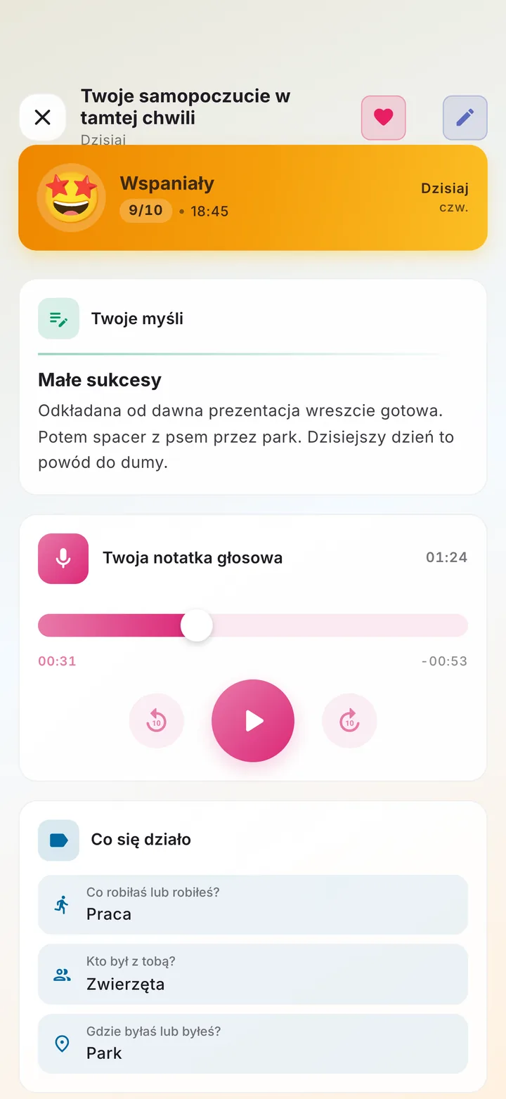 Wpis nastroju z notatką, notatką głosową i informacją o tym, co się działo