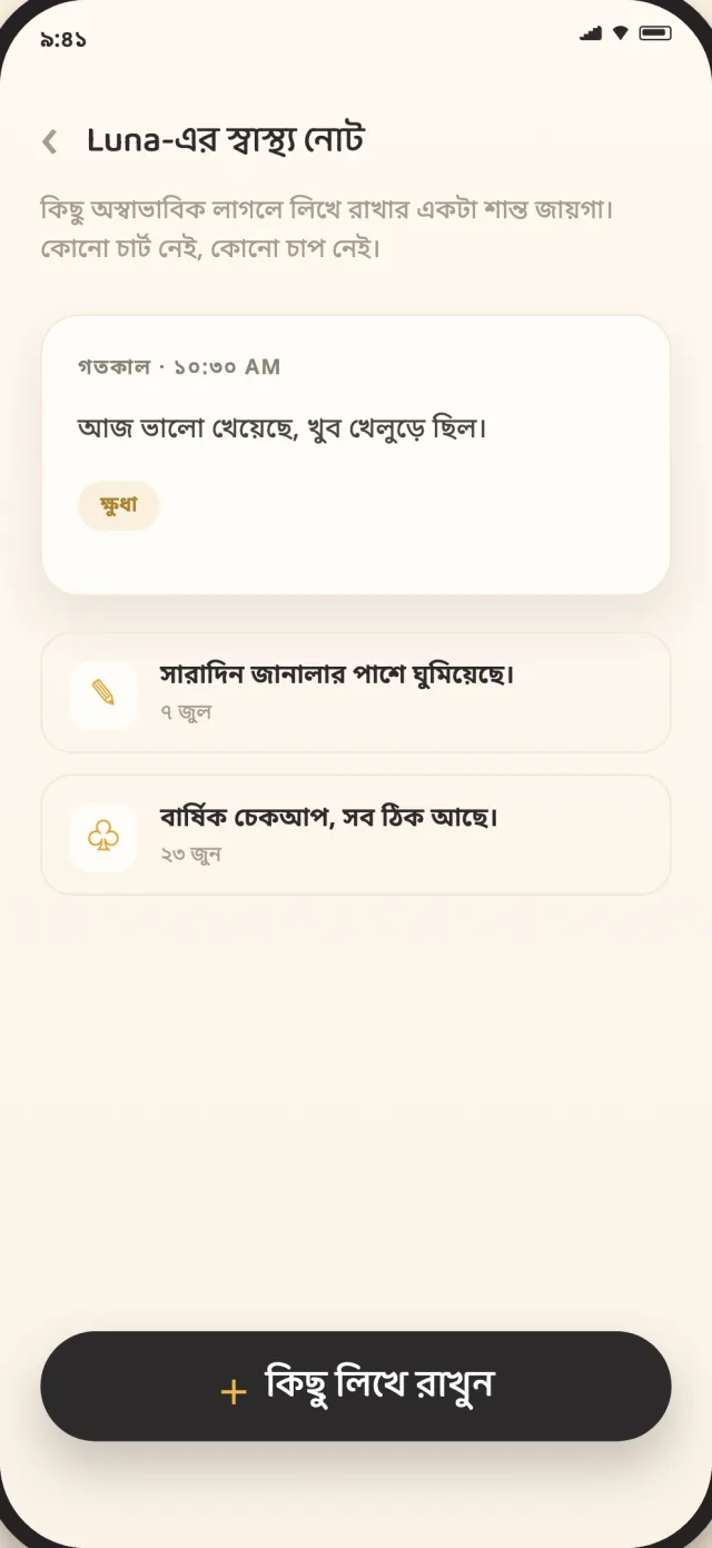 ডিভাইসে ব্যক্তিগতভাবে রাখা একটি বিড়ালের CatLitter স্বাস্থ্য নোট