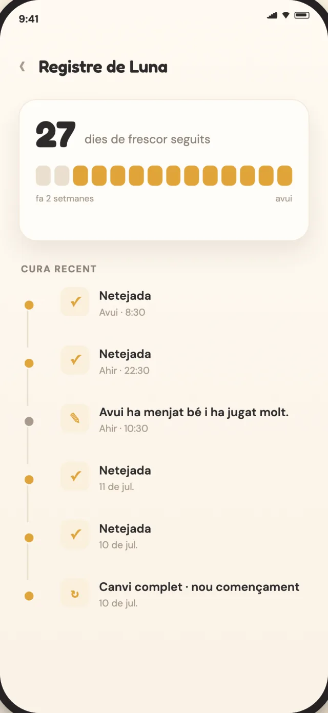 Registre de cura de CatLitter amb l'historial de neteges i canvis complets