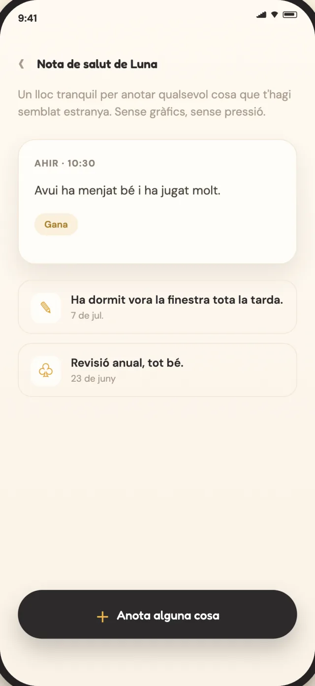 Notes de salut de CatLitter per a un gat, desades en privat al dispositiu