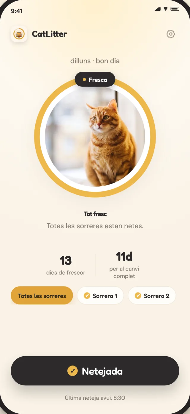 Pantalla d'inici de CatLitter amb totes les sorreres fresques i la neteja diària a punt per registrar
