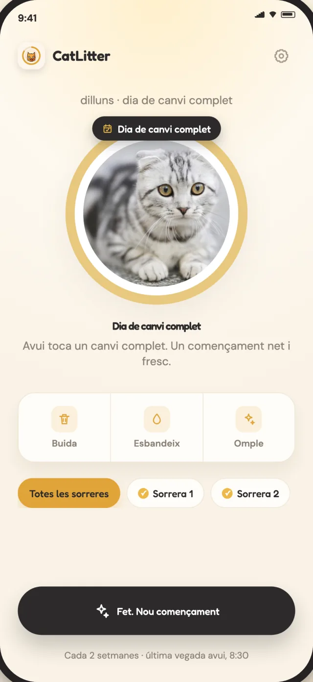 Pantalla de canvi complet de CatLitter que mostra quan la sorrera necessita un començament fresc