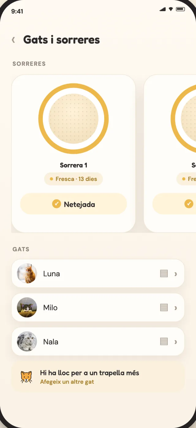 Pantalla de gats i sorreres de CatLitter amb la Luna, en Milo i la Nala en una sola vista tranquil·la