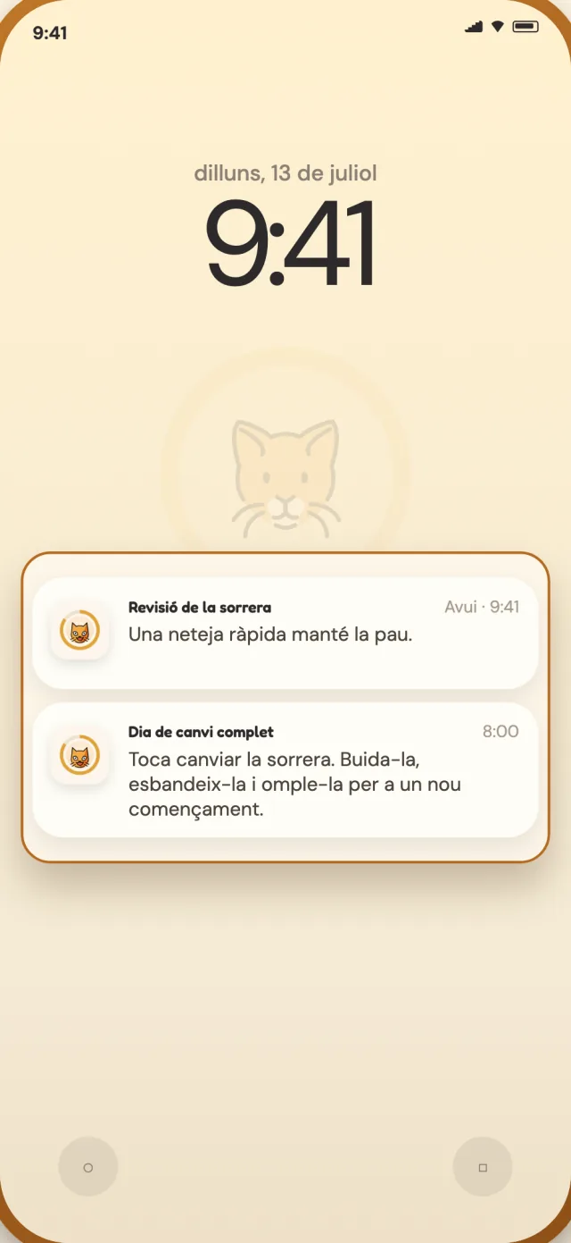 Notificacions diàries i de canvi complet de CatLitter a la pantalla bloquejada d'un telèfon
