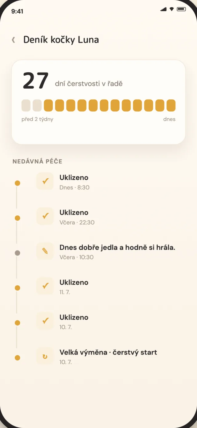 Deník péče CatLitter s historií úklidů a velkých výměn