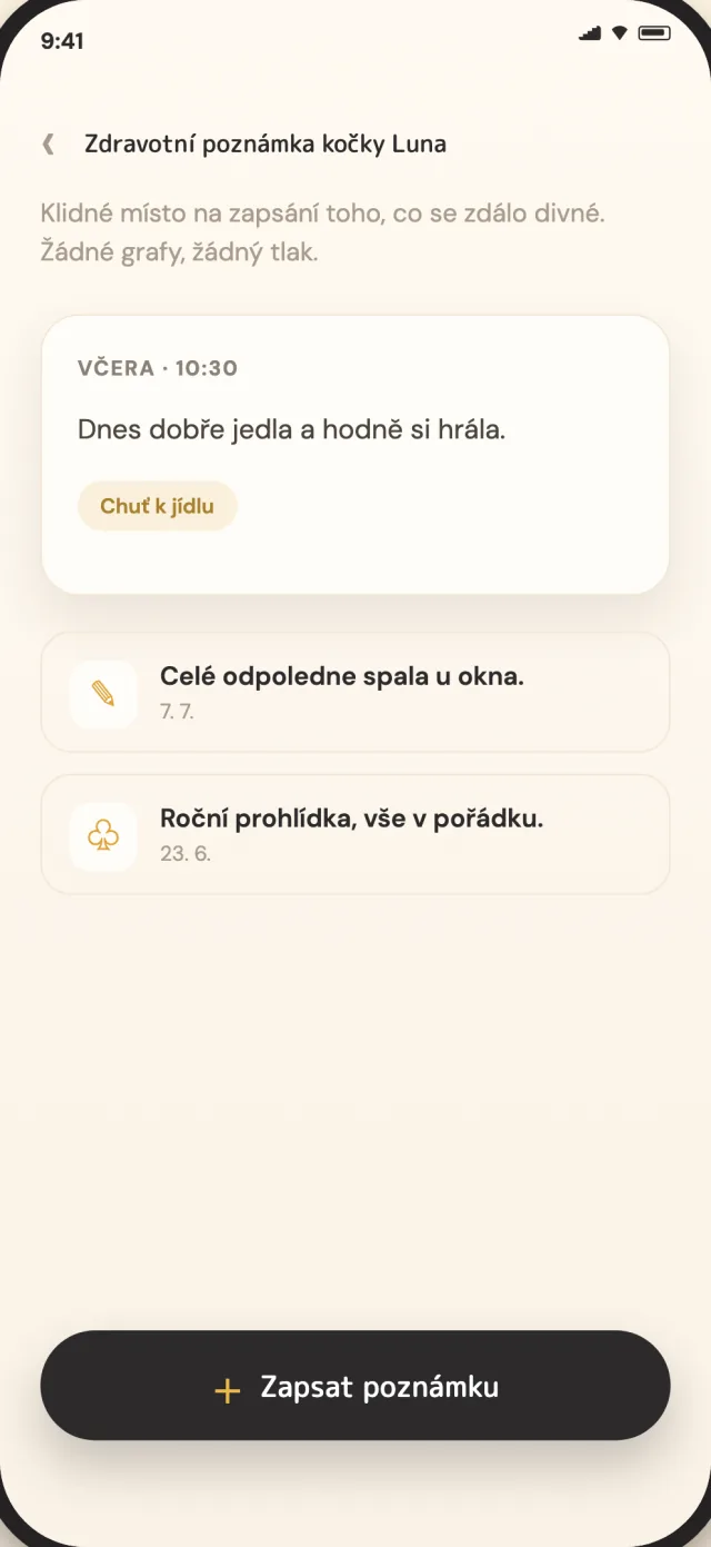 Zdravotní poznámky CatLitter pro kočku, soukromě uložené v zařízení