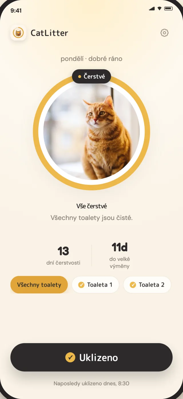 Domovská obrazovka CatLitter ukazuje všechny toalety čerstvé a denní úklid připravený k záznamu