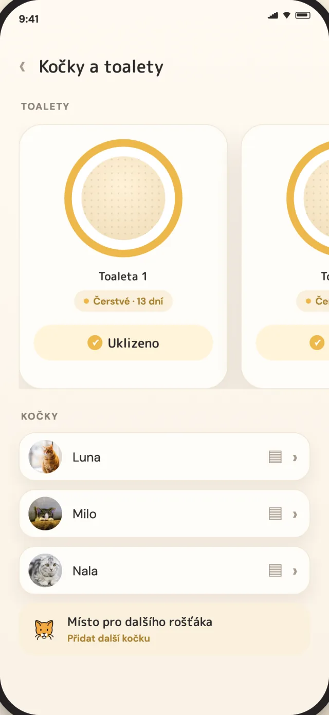 Obrazovka koček a toalet CatLitter s Lunou, Milem a Nalou v jednom klidném přehledu