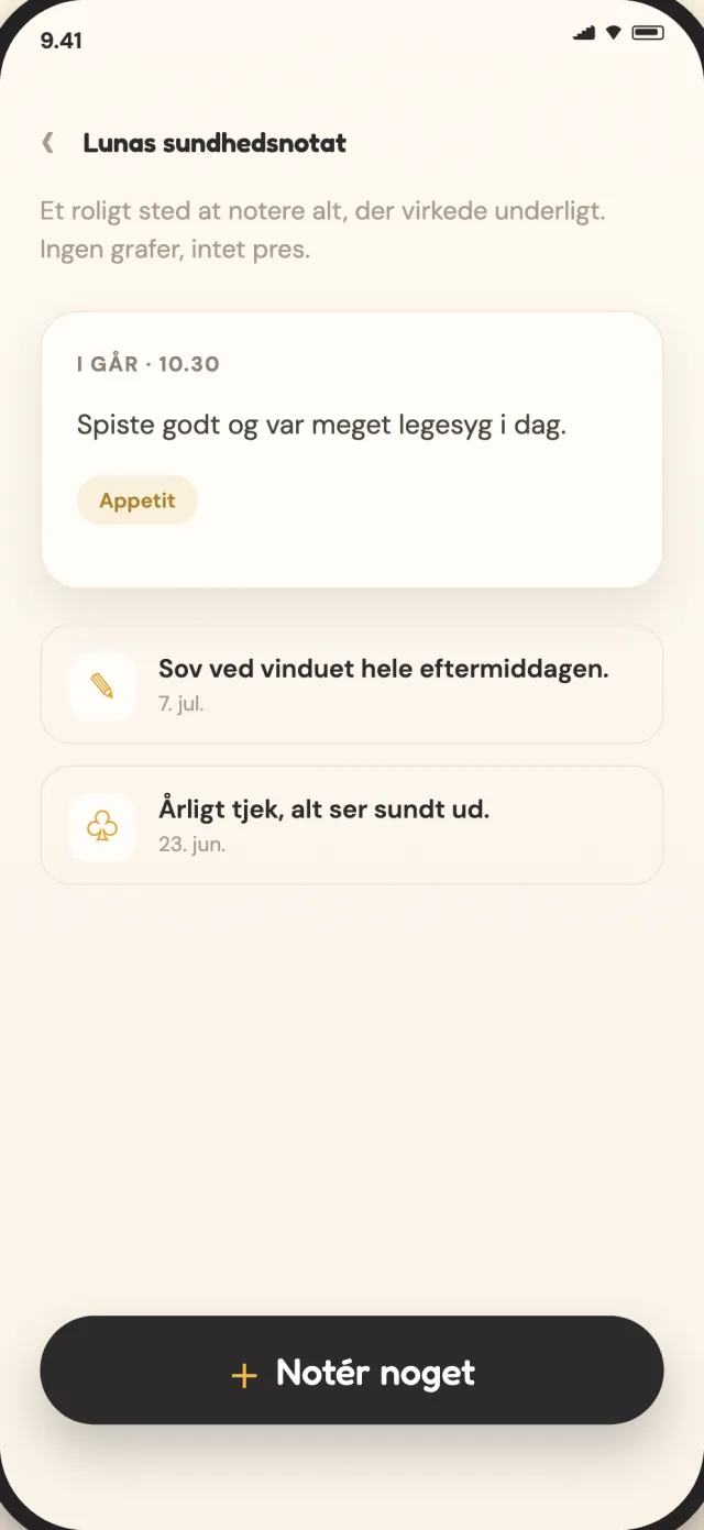 CatLitter-sundhedsnotater for en kat, gemt privat på enheden