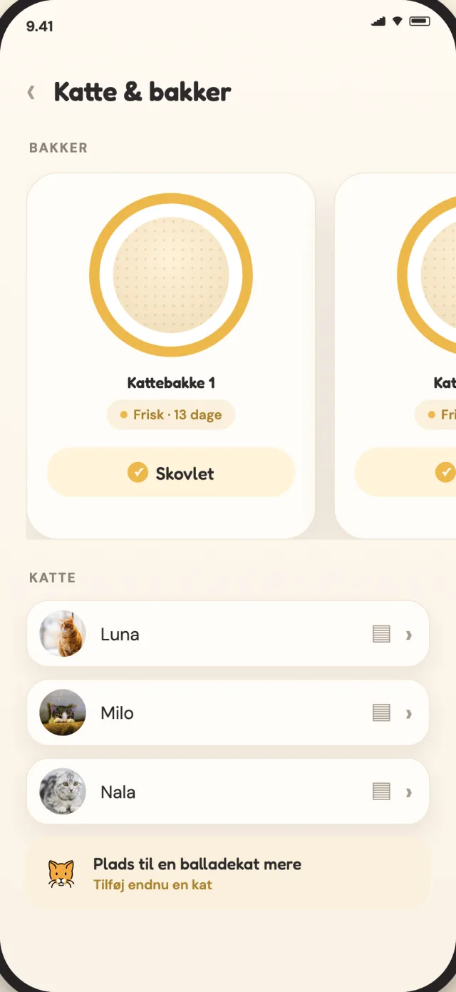 CatLitter-skærmen med katte og bakker viser Luna, Milo og Nala i én rolig visning