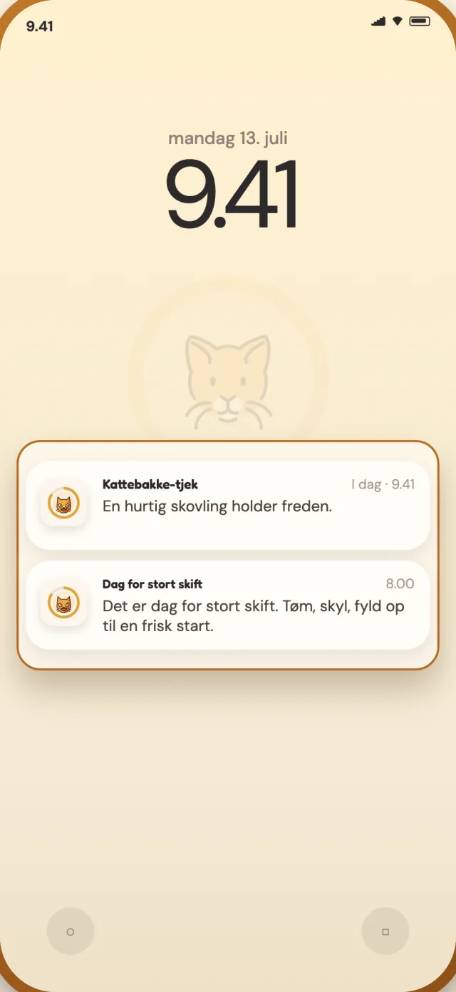 CatLitter-notifikationer om daglig skovling og stort skift på telefonens låseskærm