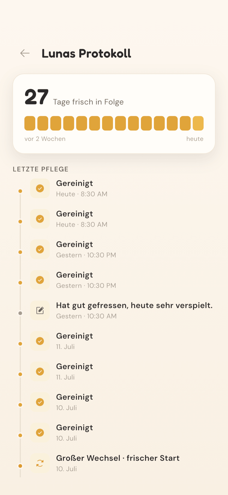 CatLitter-Bildschirm mit dem Pflegeprotokoll und der vollständigen Historie aller Reinigungen und Wechsel