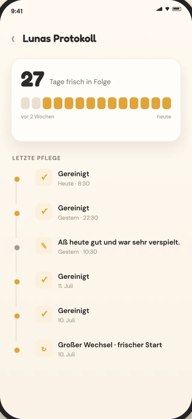 CatLitter-Pflegeprotokoll mit Reinigungs- und Streuwechselverlauf