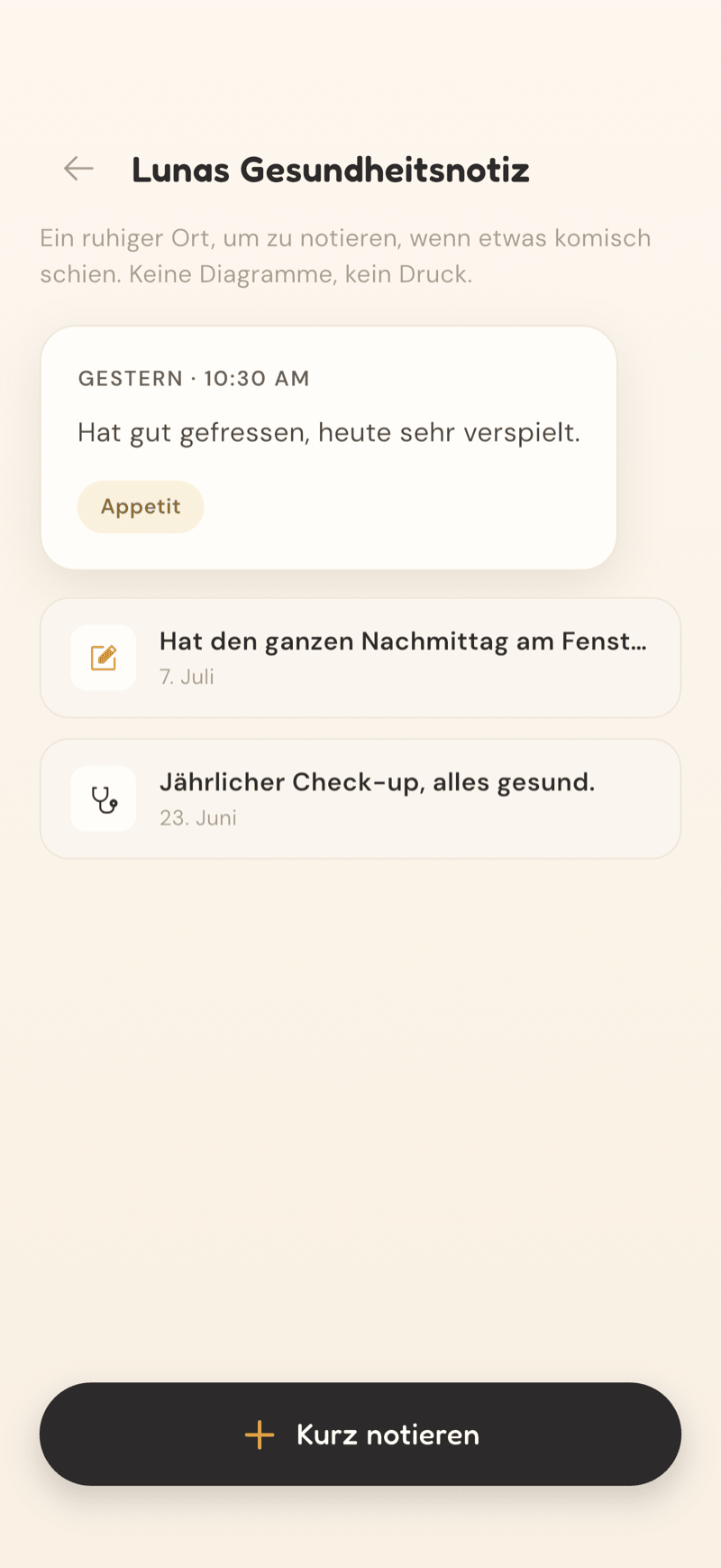 CatLitter-Bildschirm mit einer Gesundheitsnotiz für eine Katze