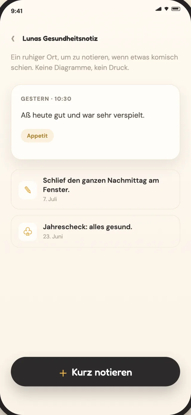 Privat auf dem Gerät gespeicherte Gesundheitsnotizen einer Katze in CatLitter