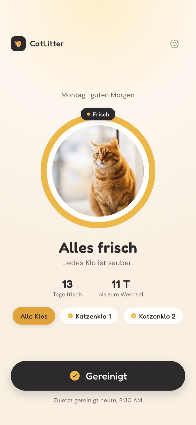 CatLitter-Startbildschirm mit dem Frische-Ring, alle Katzenklos frisch und einem Gereinigt-Button