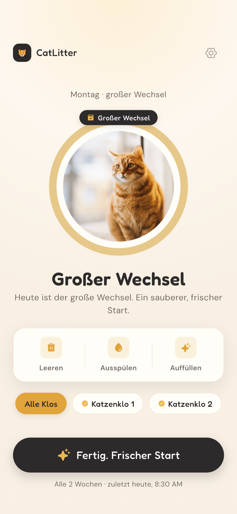 CatLitter-Startbildschirm am Wechseltag, der Ring fast leer und ein Gereinigt-Button