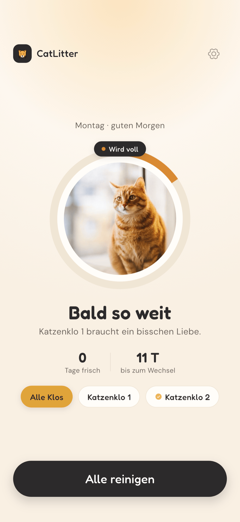 CatLitter-Startbildschirm mit einem voller werdenden Katzenklo, den frischen Tagen und der Zeit bis zum kompletten Wechsel