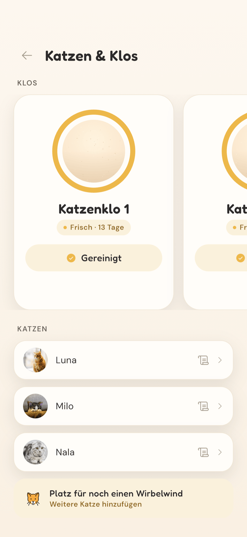 CatLitter-Bildschirm mit Katzen und Klos, der Luna, Milo und Nala samt ihren Katzenklos zeigt