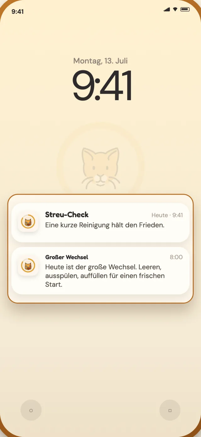 Tägliche und große Streuwechsel-Benachrichtigungen von CatLitter auf dem Sperrbildschirm eines Telefons