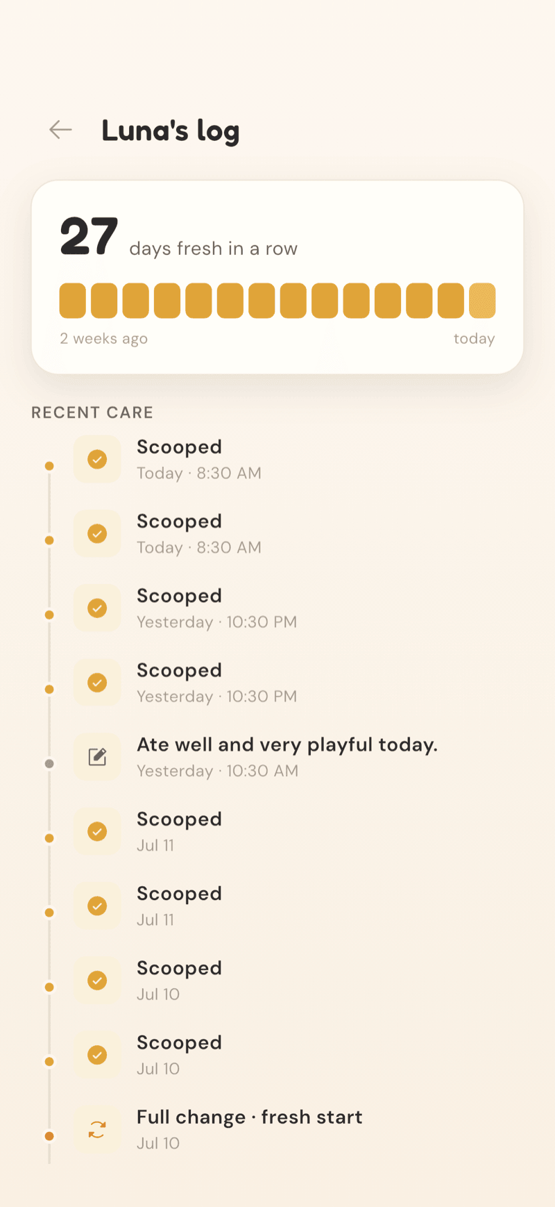 CatLitter care log screen with a full history of scoops and changes