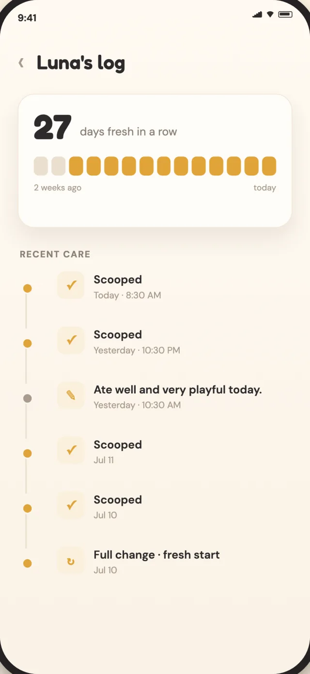 CatLitter care log with scoop and full-change history