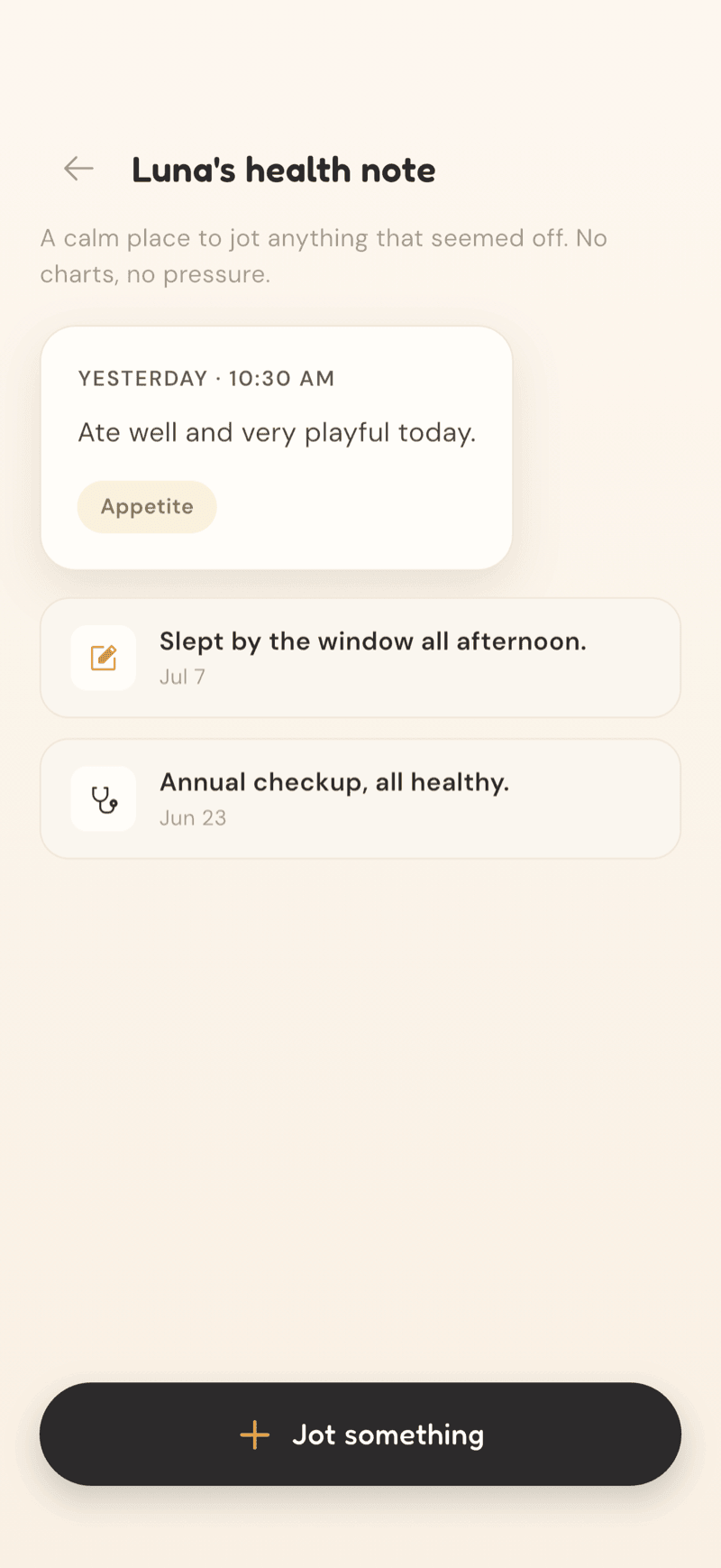 CatLitter health note screen for a cat