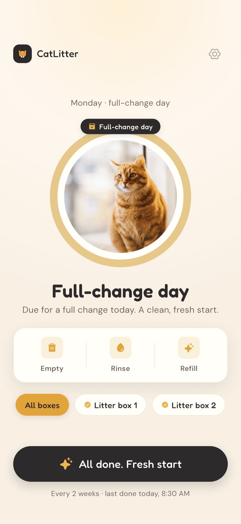 CatLitter home on full-change day with the ring nearly empty and a Scooped button