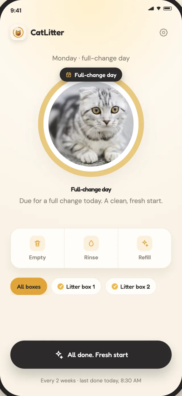 CatLitter full-change screen showing when the litter needs a fresh start