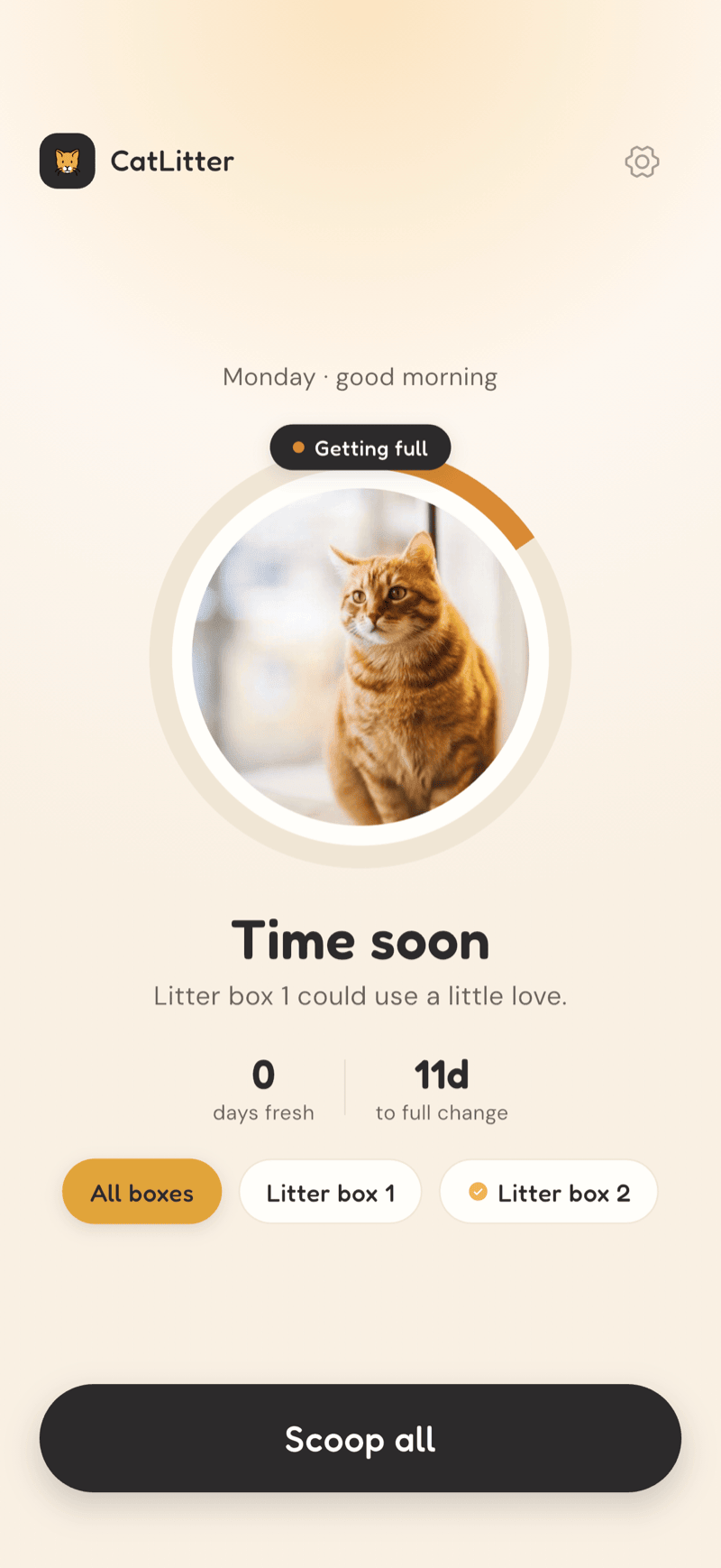 CatLitter home showing a box getting full, with days fresh and time to full change