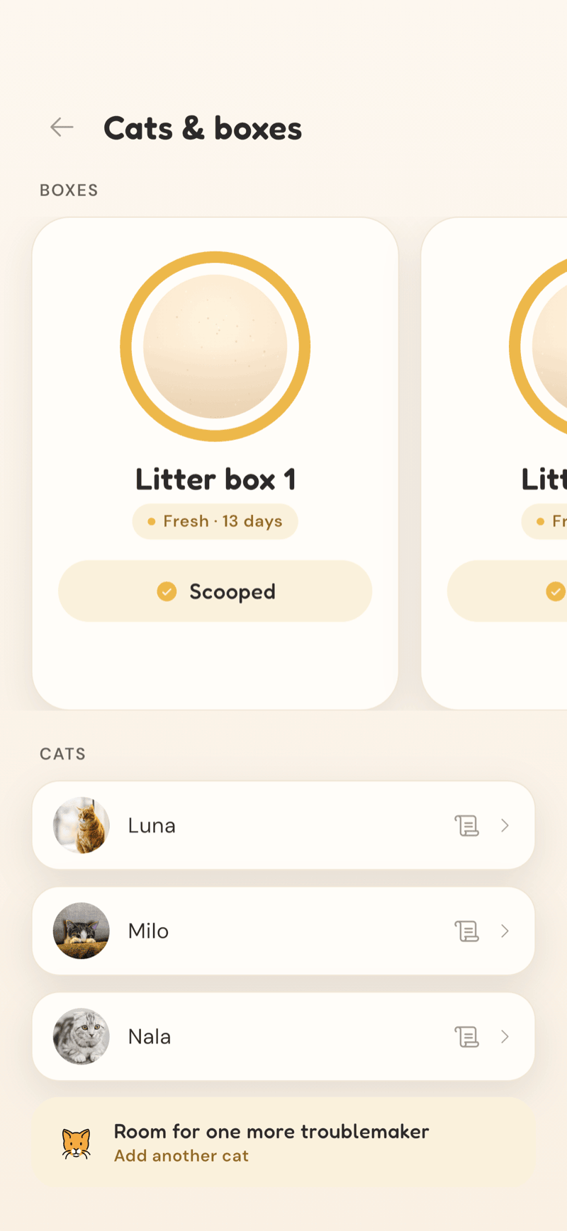 CatLitter cats and boxes screen listing Luna, Milo and Nala with their litter boxes
