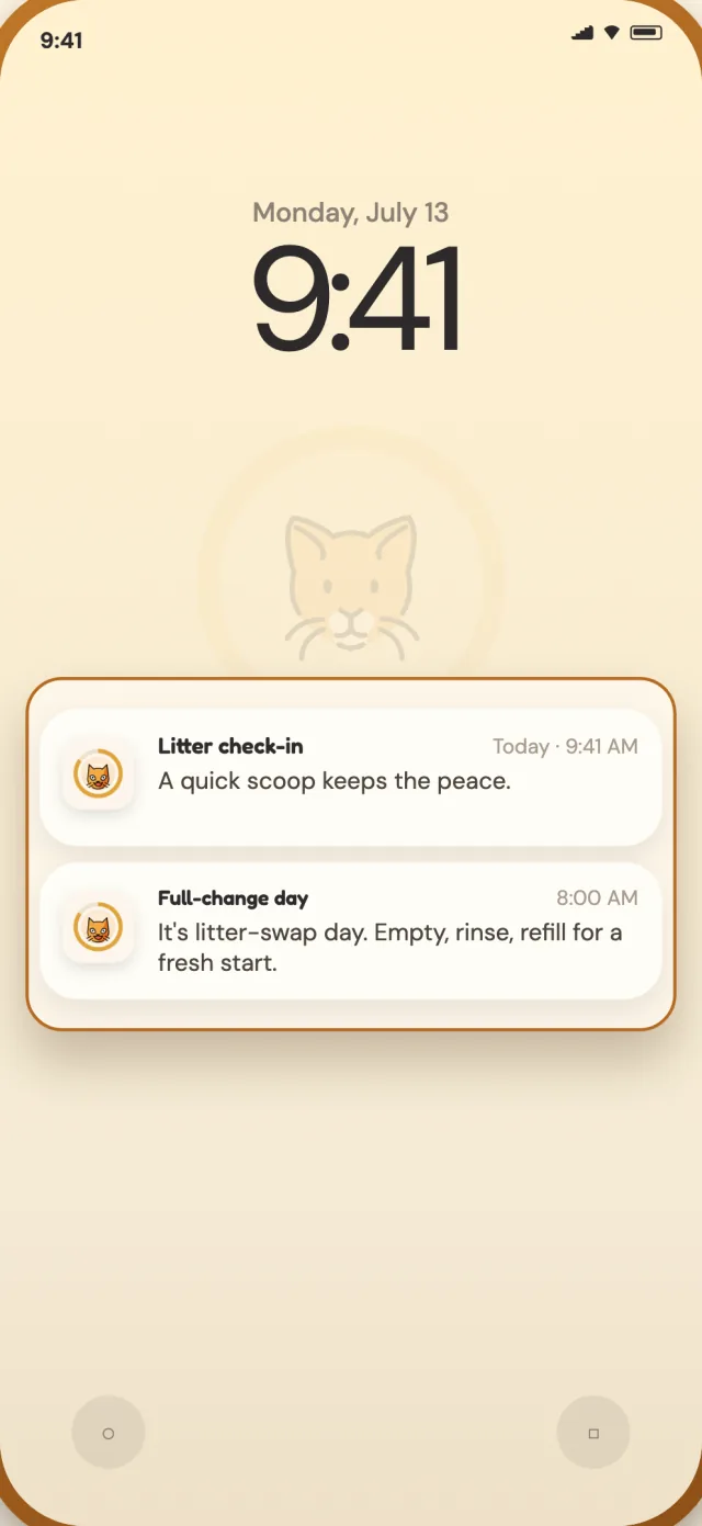 CatLitter daily and full-change notifications on a phone lock screen