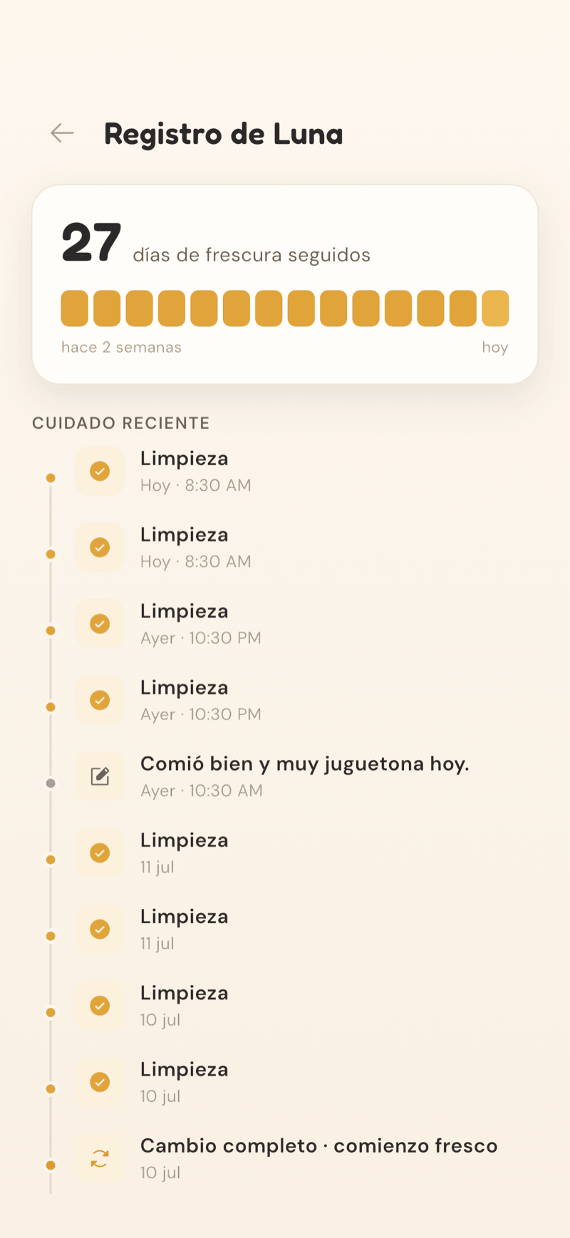 Pantalla de historial de cuidados de CatLitter con limpiezas y cambios