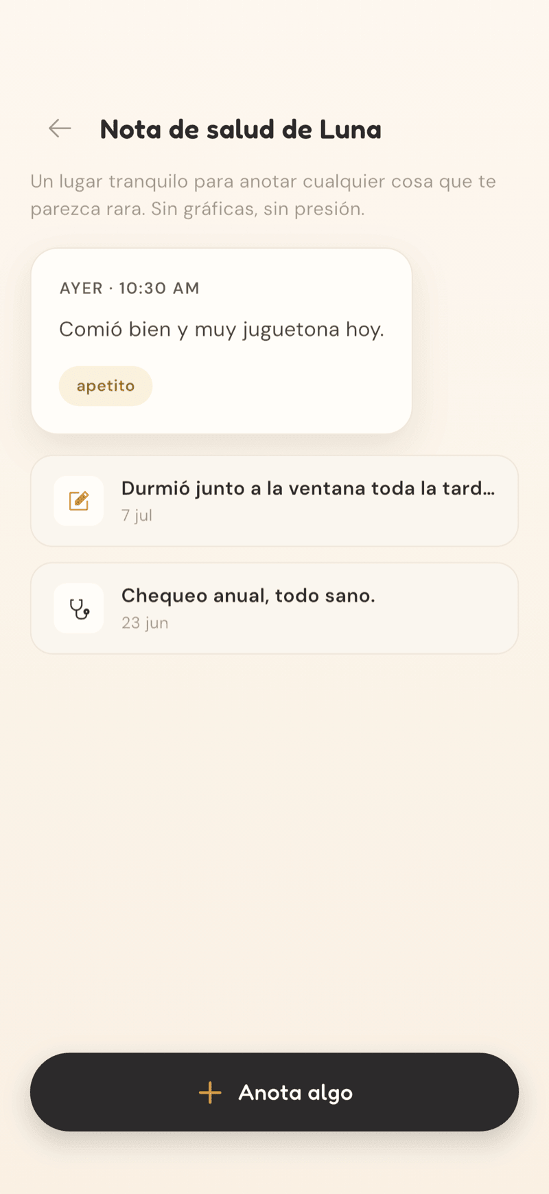 Pantalla de nota de salud de CatLitter para un gato