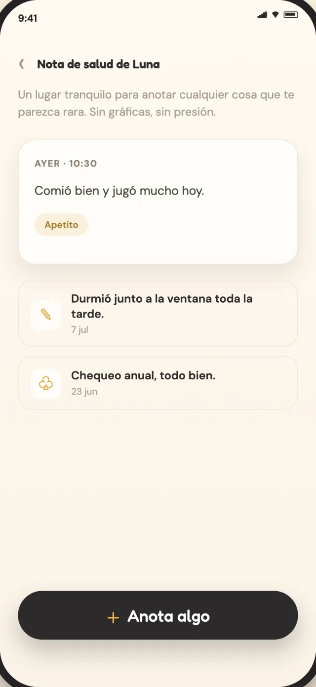 Notas de salud de CatLitter para un gato, guardadas en privado en el dispositivo