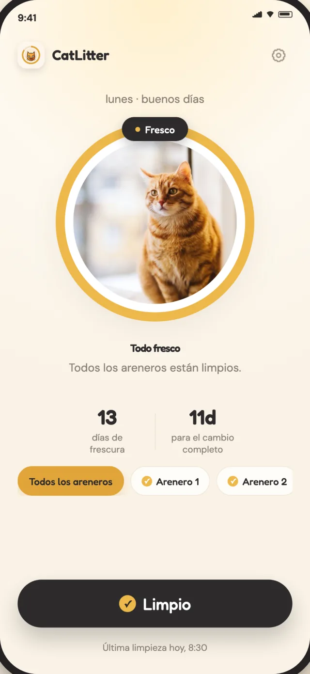Pantalla de inicio de CatLitter con cada arenero fresco y la limpieza diaria lista para registrar