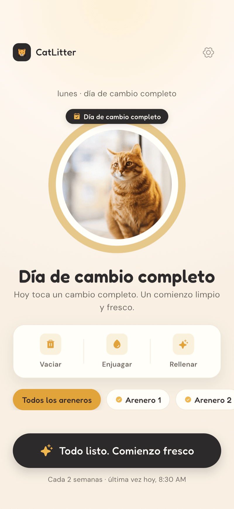 Inicio de CatLitter en día de cambio completo, con el halo casi vacío y el botón Limpiada