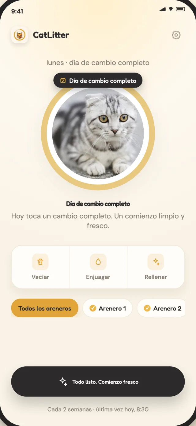 Pantalla de cambio completo de CatLitter que muestra cuándo el arenero necesita empezar de nuevo