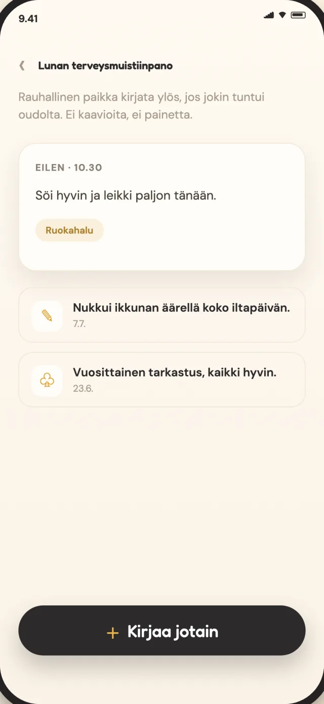 CatLitterin terveysmuistiinpanot kissalle, yksityisesti laitteelle tallennettuina