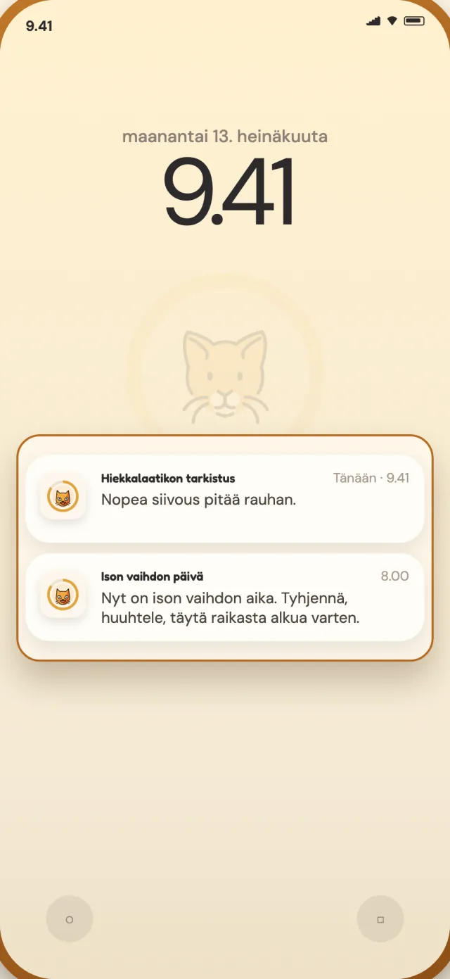 CatLitterin päivittäiset ja täyden vaihdon ilmoitukset puhelimen lukitusnäytöllä