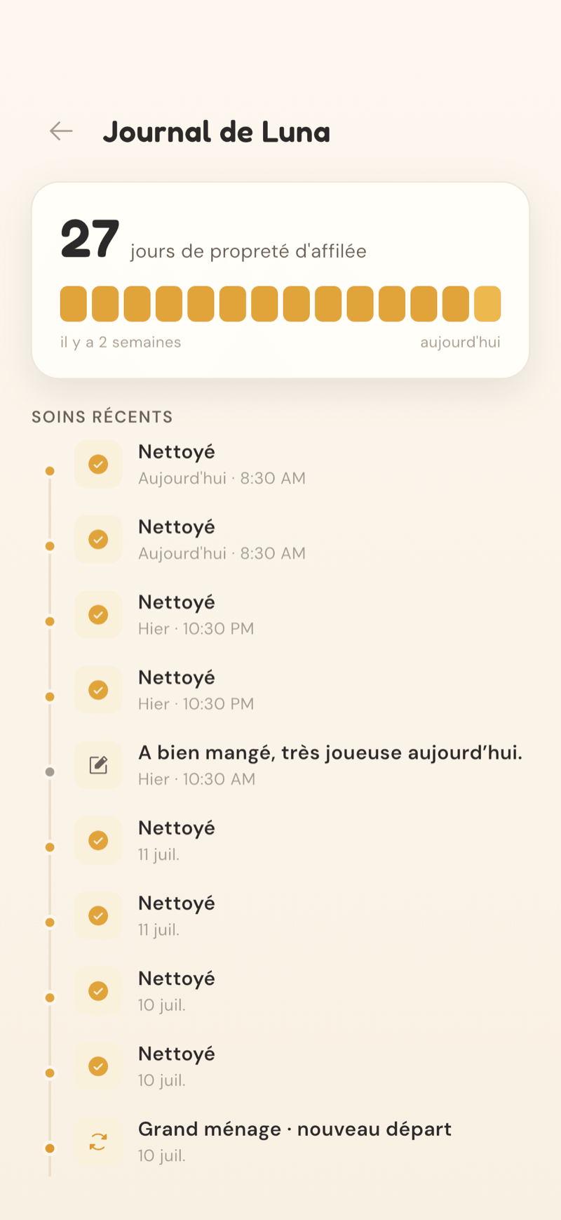 Écran du journal de soins de CatLitter, avec l'historique complet des nettoyages et des changements