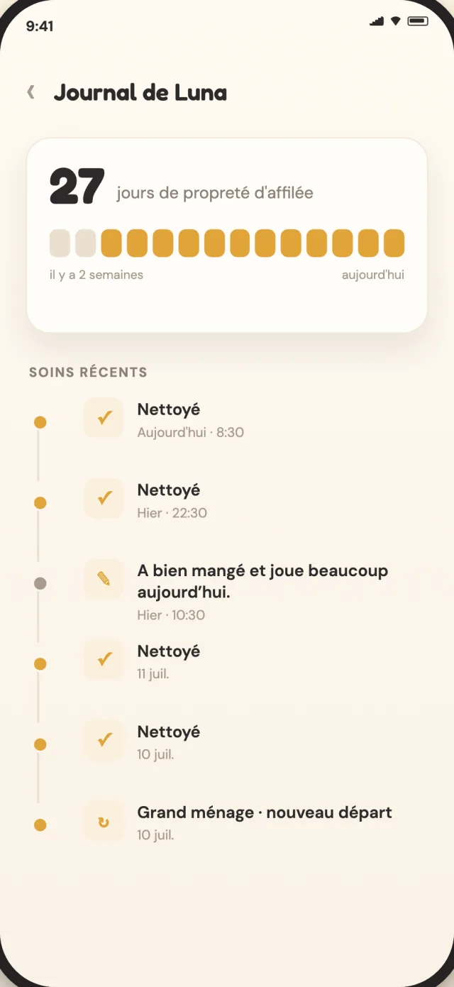 Journal de soins CatLitter avec l'historique des nettoyages et grands ménages