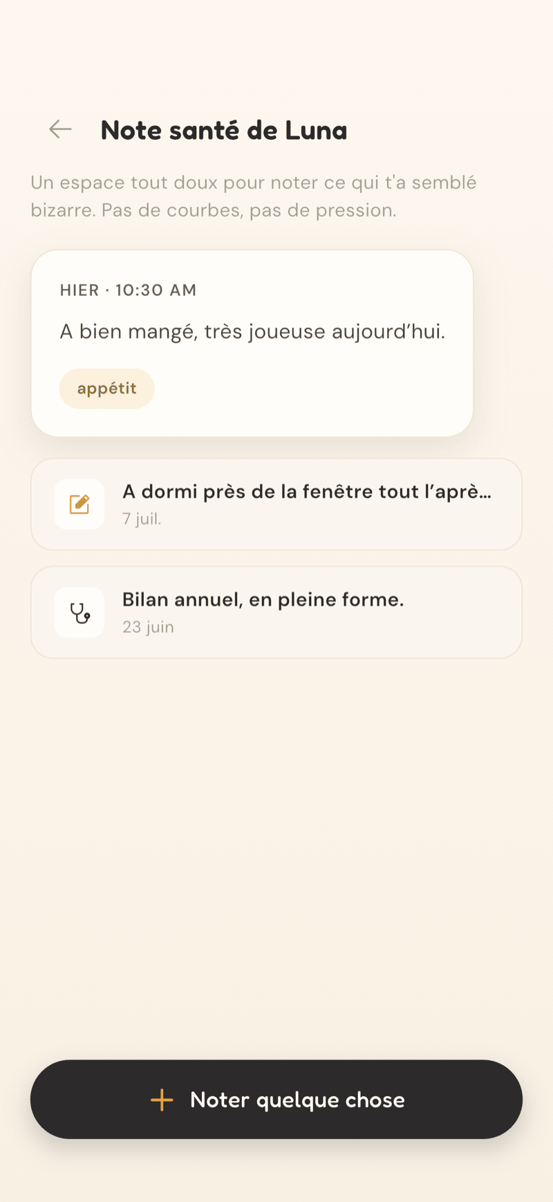 Écran de note de santé de CatLitter pour un chat